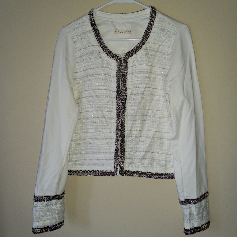 Elegant White Tweed Blazer with Black Trim
